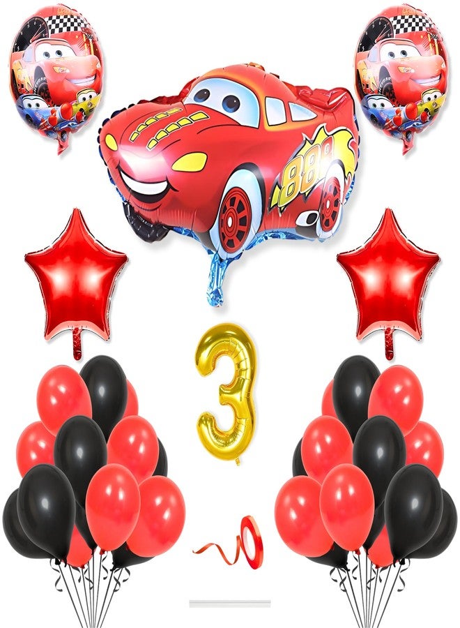 Flyloons 3rd Car Theme Decoration for Birthday Red Black 3 year Baby Boys Girls Kids 5 Pcs Lightning Macqueen Theme 30 Pcs Metallic Balloons Decoration Kit Set Items 2 Pcs Red Star - Image 1